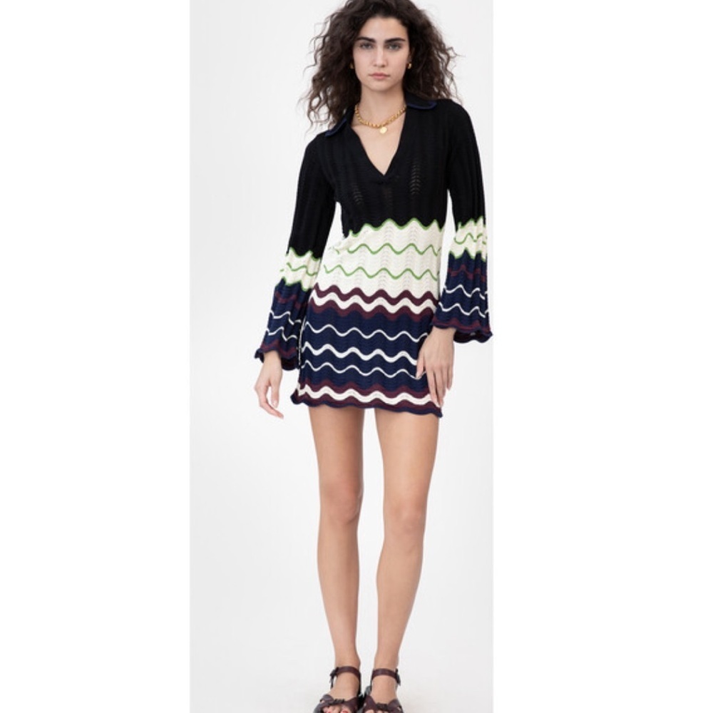 Tanya Taylor Miles Black and Multicolor Zigzag Knit Dress